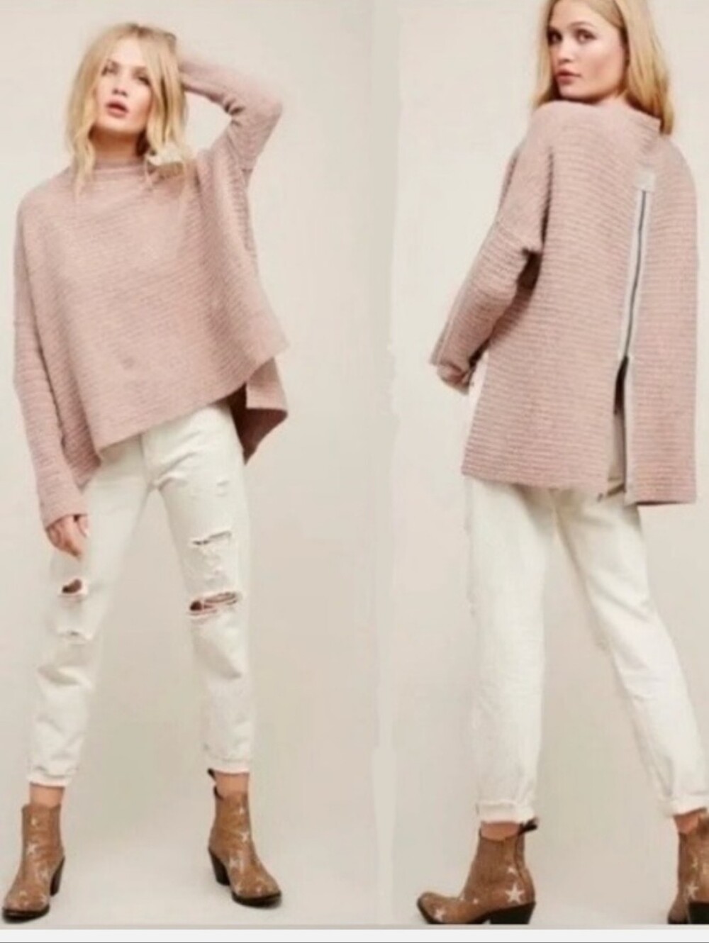 Free People Oversized Ribbed Zip-Back Turtleneck Sweater in Blush